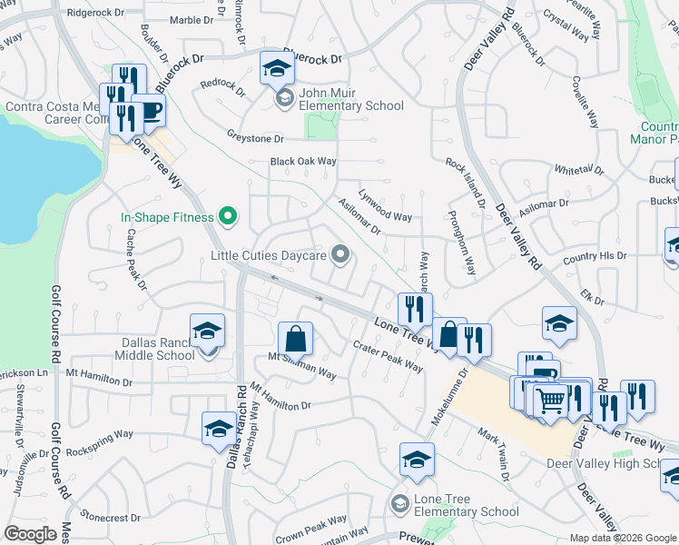 map of restaurants, bars, coffee shops, grocery stores, and more near 2097 Catalpa Way in Antioch