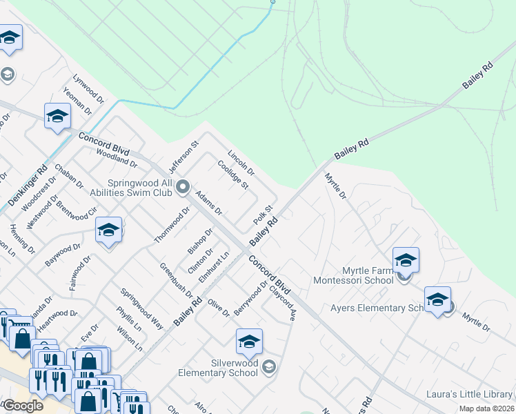 map of restaurants, bars, coffee shops, grocery stores, and more near 1837 Polk Street in Concord