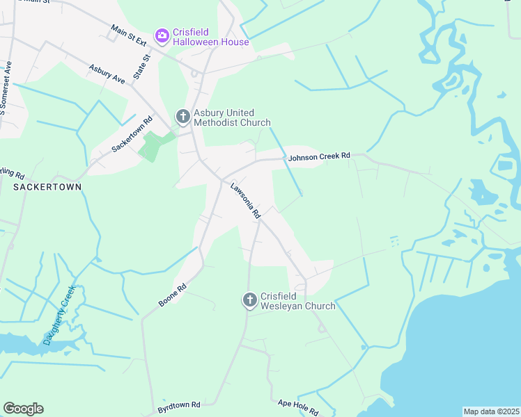 map of restaurants, bars, coffee shops, grocery stores, and more near 3223 Lawsonia Road in Crisfield
