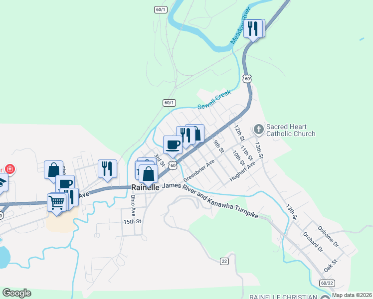 map of restaurants, bars, coffee shops, grocery stores, and more near 345 7th Street in Rainelle