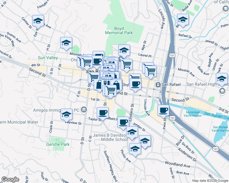 map of restaurants, bars, coffee shops, grocery stores, and more near 739 A Street in San Rafael