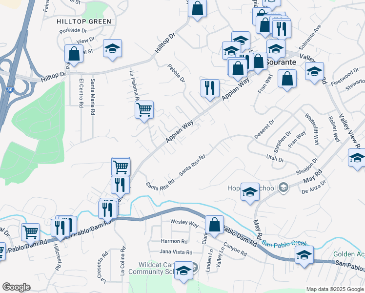 map of restaurants, bars, coffee shops, grocery stores, and more near 4556 Appian Way in El Sobrante