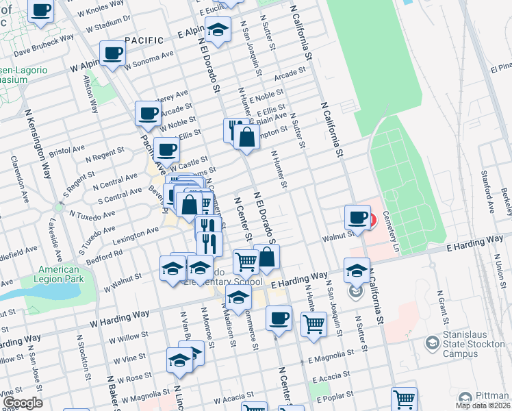 map of restaurants, bars, coffee shops, grocery stores, and more near 24 East Wyandotte Street in Stockton