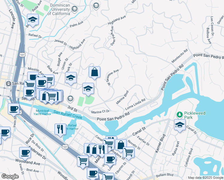 map of restaurants, bars, coffee shops, grocery stores, and more near 11 Crown Point Road in San Rafael