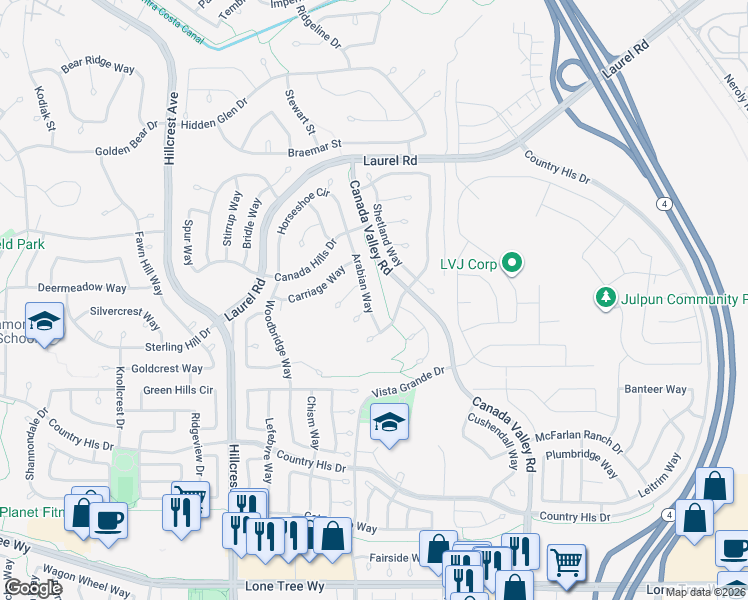 map of restaurants, bars, coffee shops, grocery stores, and more near 4653 Arabian Way in Antioch