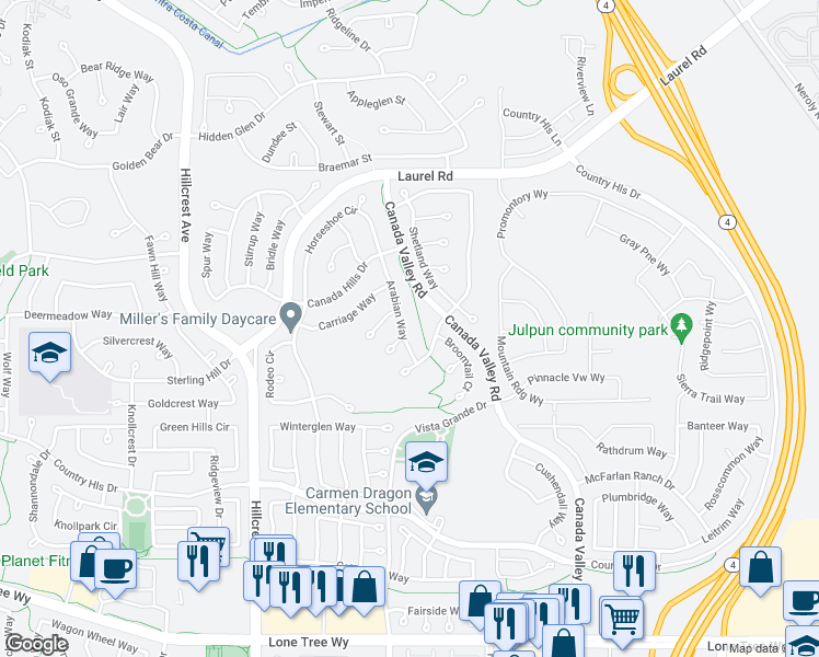 map of restaurants, bars, coffee shops, grocery stores, and more near 4653 Arabian Way in Antioch