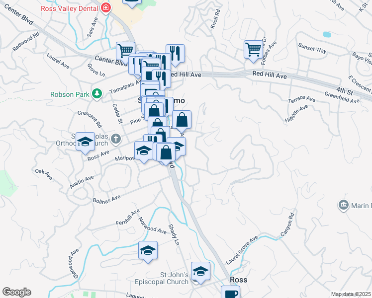 map of restaurants, bars, coffee shops, grocery stores, and more near 160 Prospect Avenue in San Anselmo
