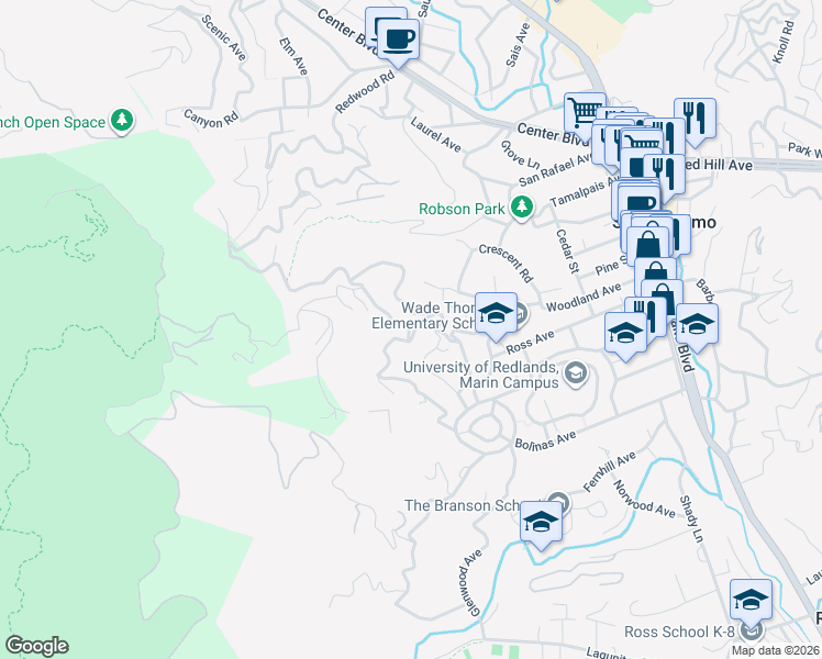 map of restaurants, bars, coffee shops, grocery stores, and more near 274 Oak Avenue in San Anselmo