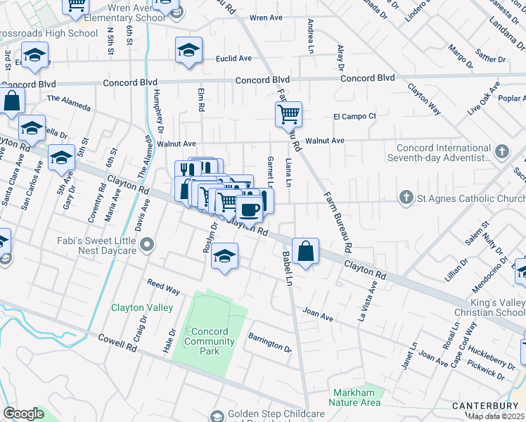 map of restaurants, bars, coffee shops, grocery stores, and more near 1515 Lucky Drive in Concord