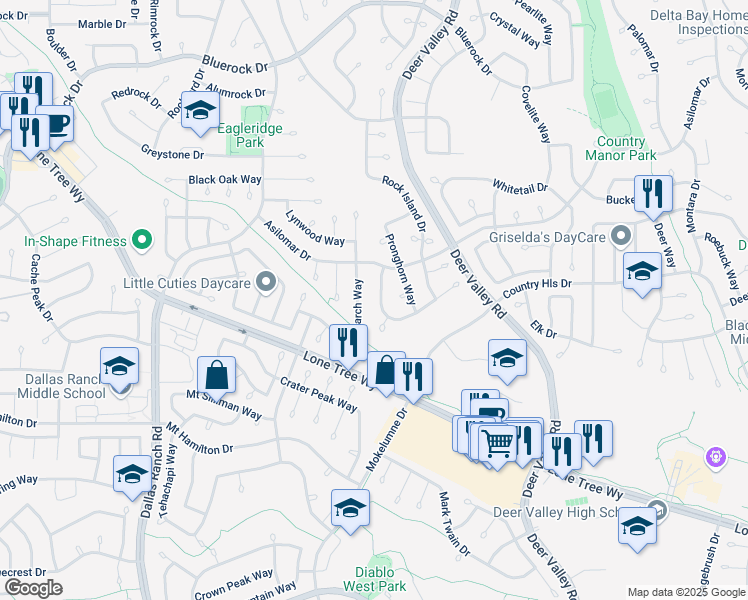 map of restaurants, bars, coffee shops, grocery stores, and more near 2613 Larch Way in Antioch