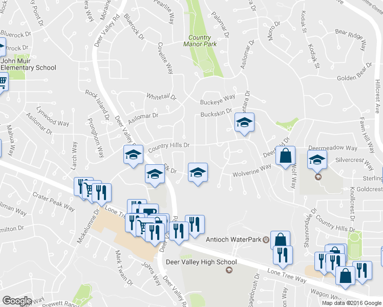 map of restaurants, bars, coffee shops, grocery stores, and more near 4245 Buckskin Dr in Antioch
