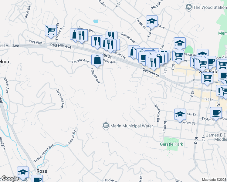 map of restaurants, bars, coffee shops, grocery stores, and more near 217 Spring Grove Avenue in San Rafael