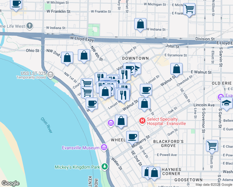 map of restaurants, bars, coffee shops, grocery stores, and more near in Evansville