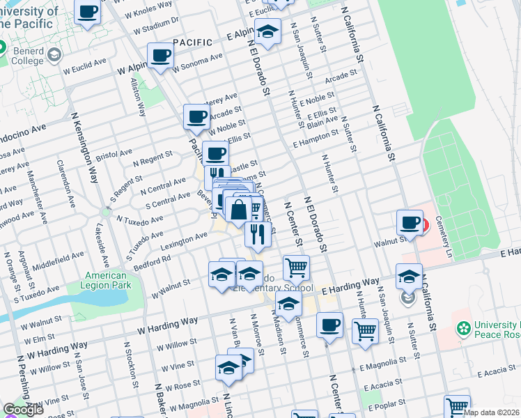 map of restaurants, bars, coffee shops, grocery stores, and more near 129 West Wyandotte Street in Stockton