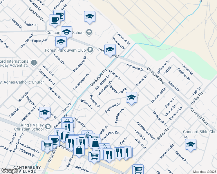 map of restaurants, bars, coffee shops, grocery stores, and more near 4248 Brentwood Circle in Concord