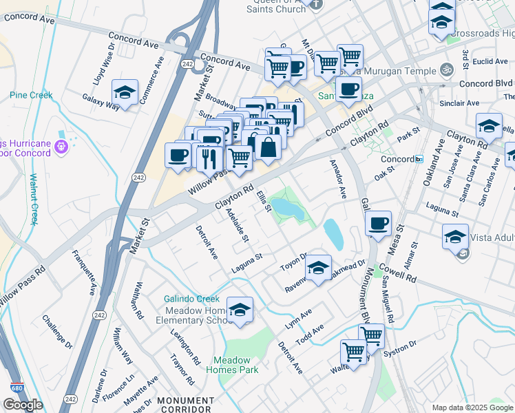 map of restaurants, bars, coffee shops, grocery stores, and more near 1731 Ellis Street in Concord