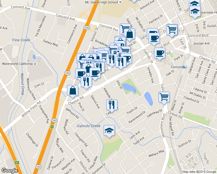 map of restaurants, bars, coffee shops, grocery stores, and more near 1730 Adelaide Street in Concord