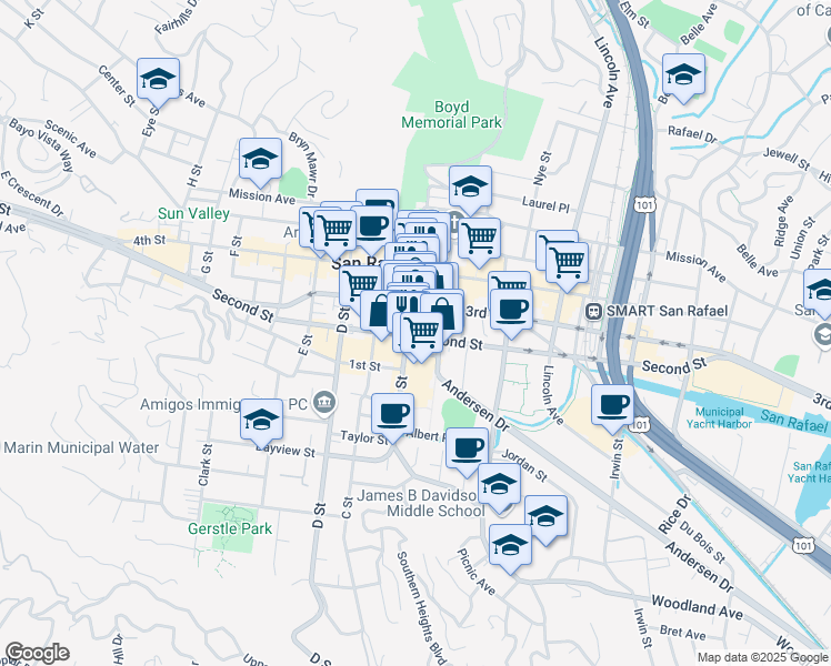 map of restaurants, bars, coffee shops, grocery stores, and more near 739 A Street in San Rafael