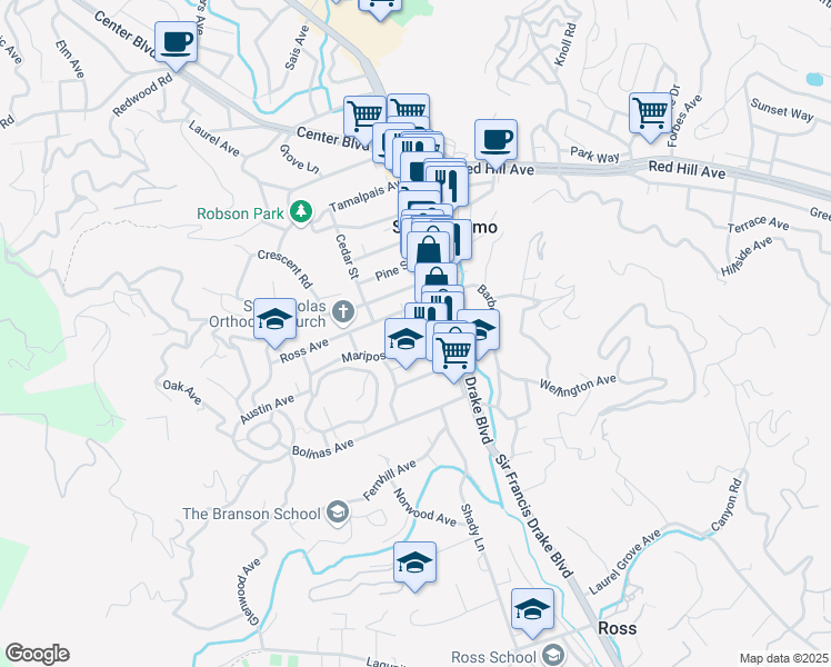 map of restaurants, bars, coffee shops, grocery stores, and more near 46 Mariposa Avenue in San Anselmo