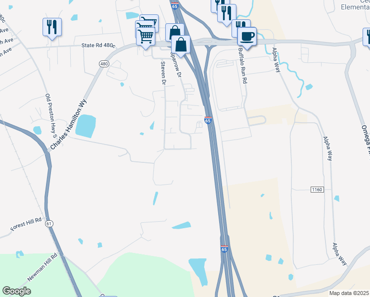 map of restaurants, bars, coffee shops, grocery stores, and more near 190 Johnson Drive in Shepherdsville