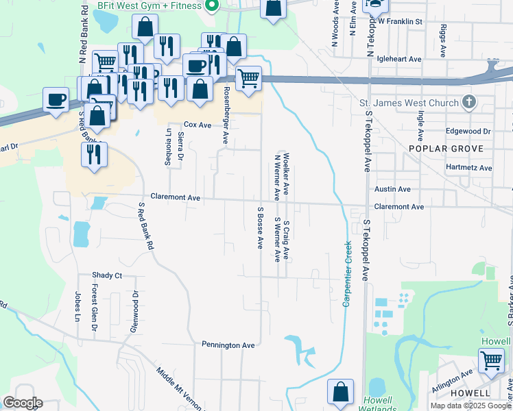 map of restaurants, bars, coffee shops, grocery stores, and more near 510 South Bosse Avenue in Evansville