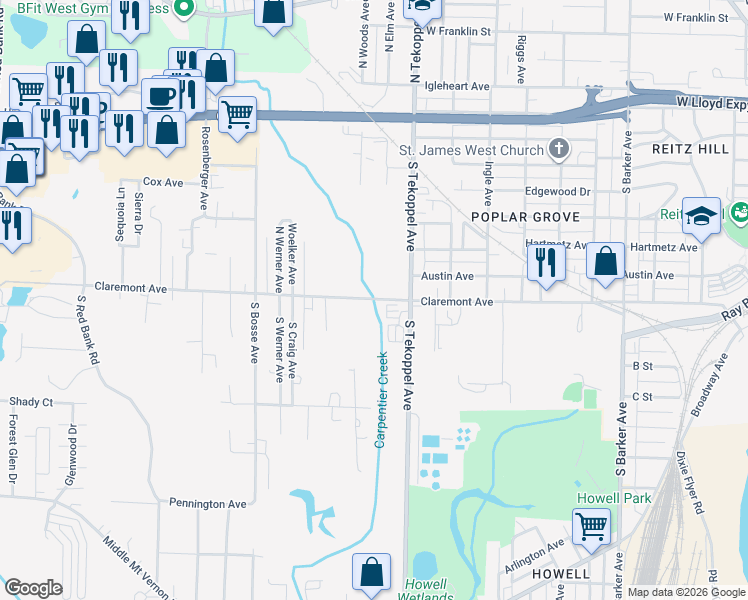 map of restaurants, bars, coffee shops, grocery stores, and more near Claremont Avenue in Evansville