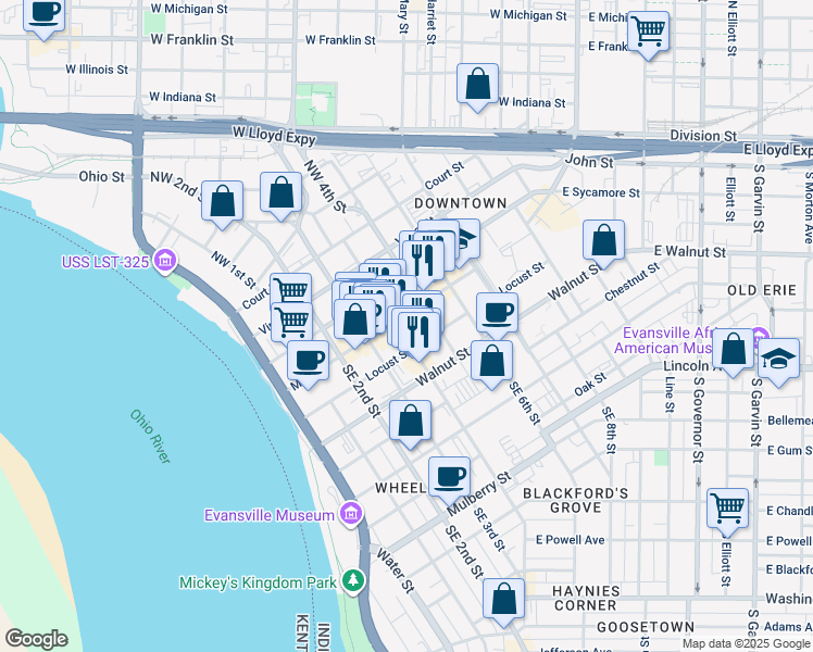 map of restaurants, bars, coffee shops, grocery stores, and more near 405 Main Street in Evansville