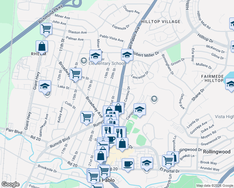 map of restaurants, bars, coffee shops, grocery stores, and more near in San Pablo