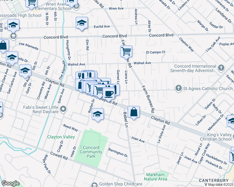 map of restaurants, bars, coffee shops, grocery stores, and more near 3550 Chestnut Avenue in Concord