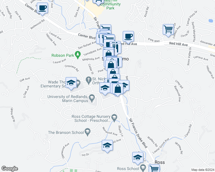 map of restaurants, bars, coffee shops, grocery stores, and more near 26 Mariposa Avenue in San Anselmo