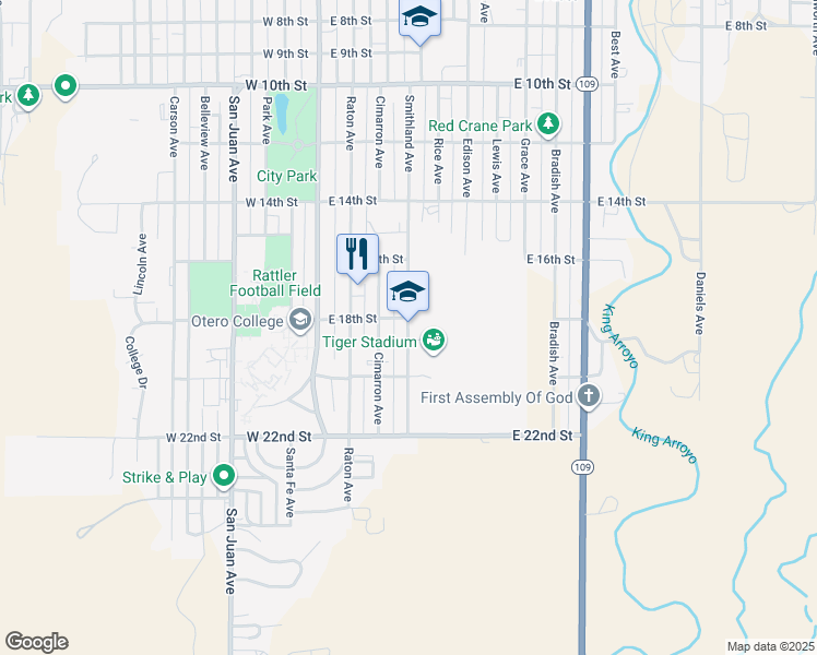 map of restaurants, bars, coffee shops, grocery stores, and more near 1817 Smithland Avenue in La Junta