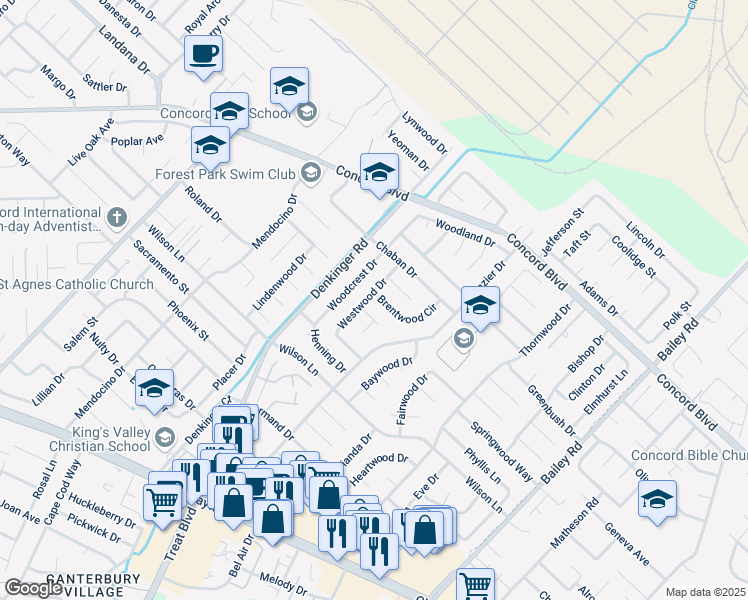 map of restaurants, bars, coffee shops, grocery stores, and more near 4248 Brentwood Circle in Concord