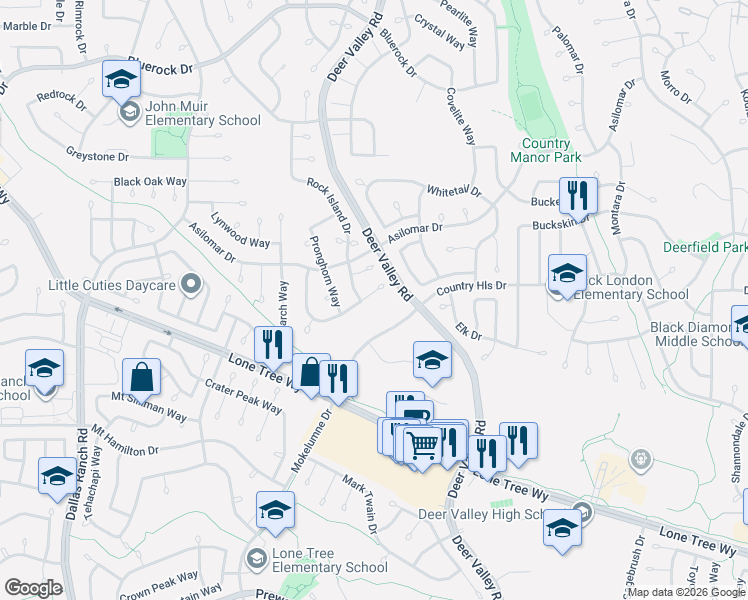 map of restaurants, bars, coffee shops, grocery stores, and more near 2355 Country Hills Drive in Antioch