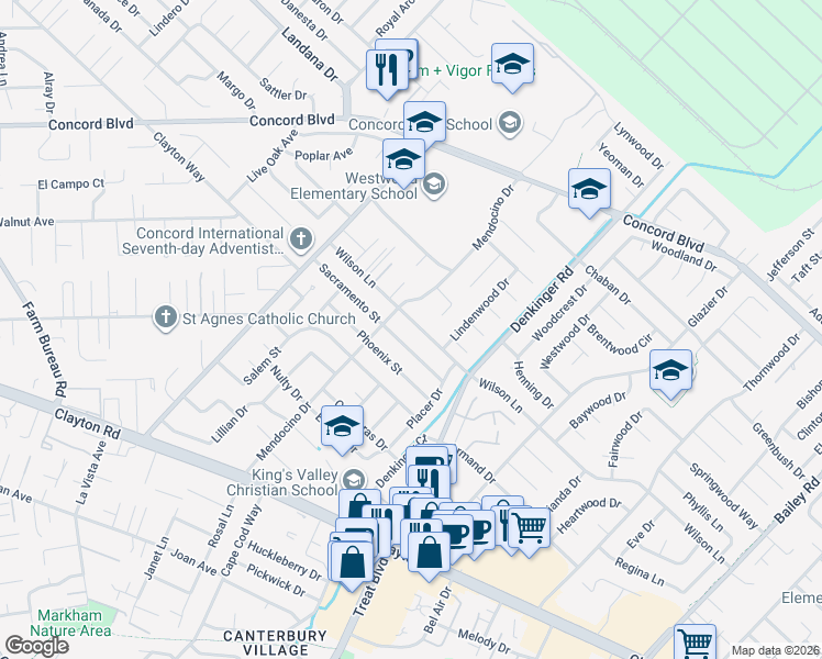 map of restaurants, bars, coffee shops, grocery stores, and more near 4118 Wilson Lane in Concord