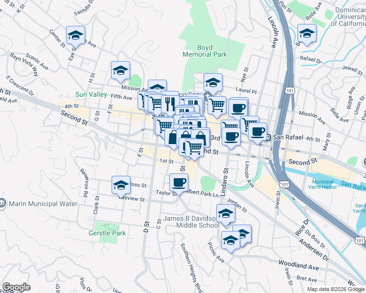 map of restaurants, bars, coffee shops, grocery stores, and more near 714 B Street in San Rafael