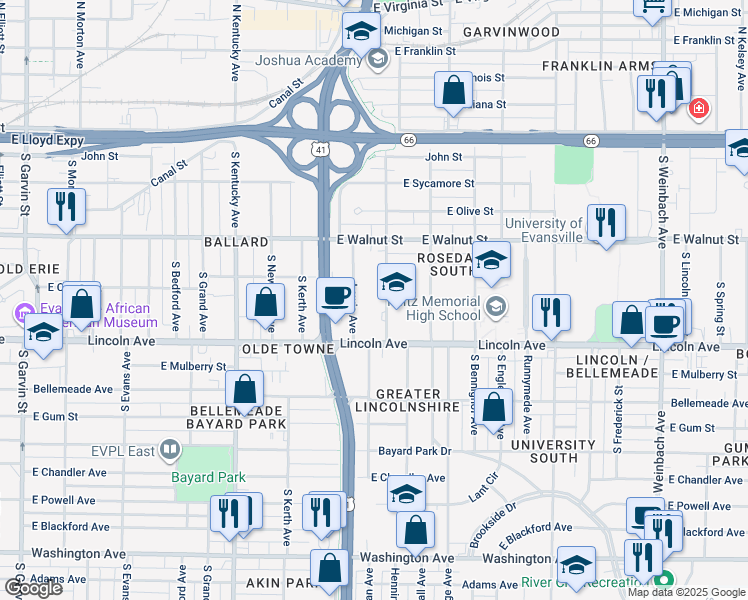 map of restaurants, bars, coffee shops, grocery stores, and more near 1236 Lincoln Avenue in Evansville