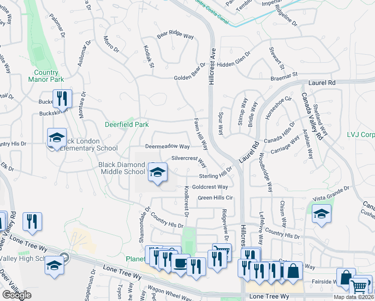 map of restaurants, bars, coffee shops, grocery stores, and more near 4612 Silvercrest Way in Antioch
