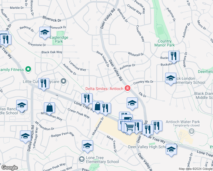 map of restaurants, bars, coffee shops, grocery stores, and more near 4529 Pronghorn Way in Antioch