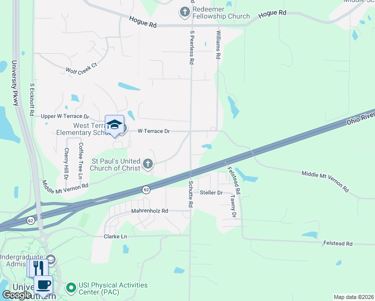 map of restaurants, bars, coffee shops, grocery stores, and more near 7500 Middle Mount Vernon Road in Evansville