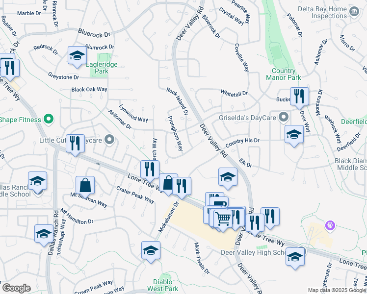 map of restaurants, bars, coffee shops, grocery stores, and more near 4529 Pronghorn Way in Antioch