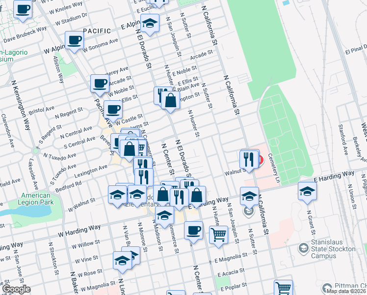 map of restaurants, bars, coffee shops, grocery stores, and more near 125 East Maple Street in Stockton