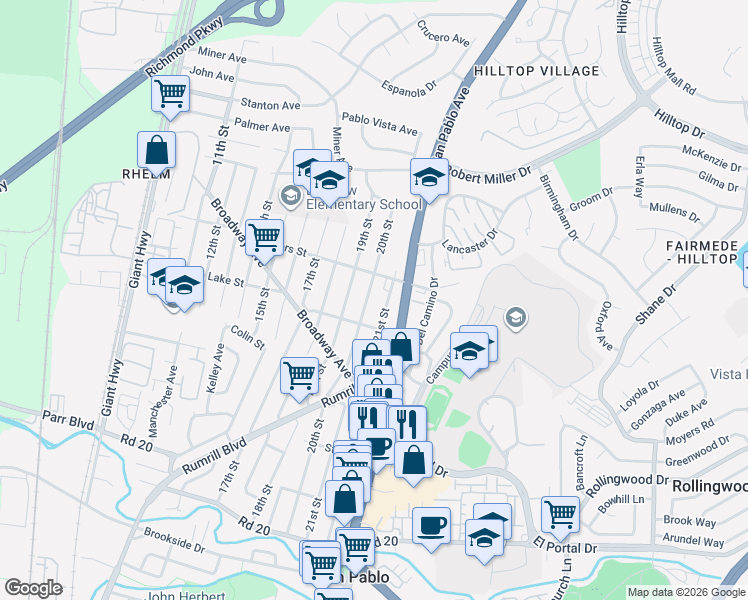 map of restaurants, bars, coffee shops, grocery stores, and more near 2831 21st Street in San Pablo