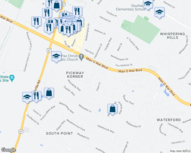 map of restaurants, bars, coffee shops, grocery stores, and more near 4000 Expo Court in Lexington