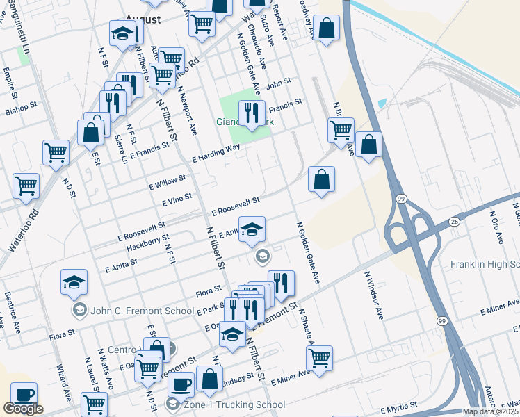 map of restaurants, bars, coffee shops, grocery stores, and more near 2731 East Anita Street in Stockton