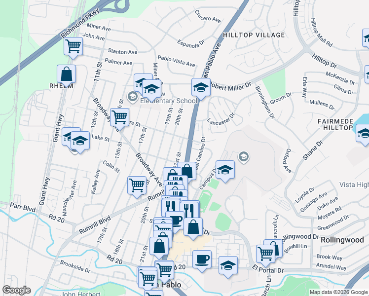 map of restaurants, bars, coffee shops, grocery stores, and more near 14740 San Pablo Avenue in San Pablo