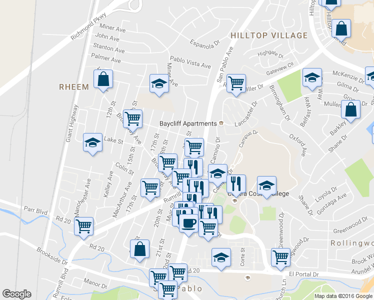 map of restaurants, bars, coffee shops, grocery stores, and more near 2831 21st Street in San Pablo