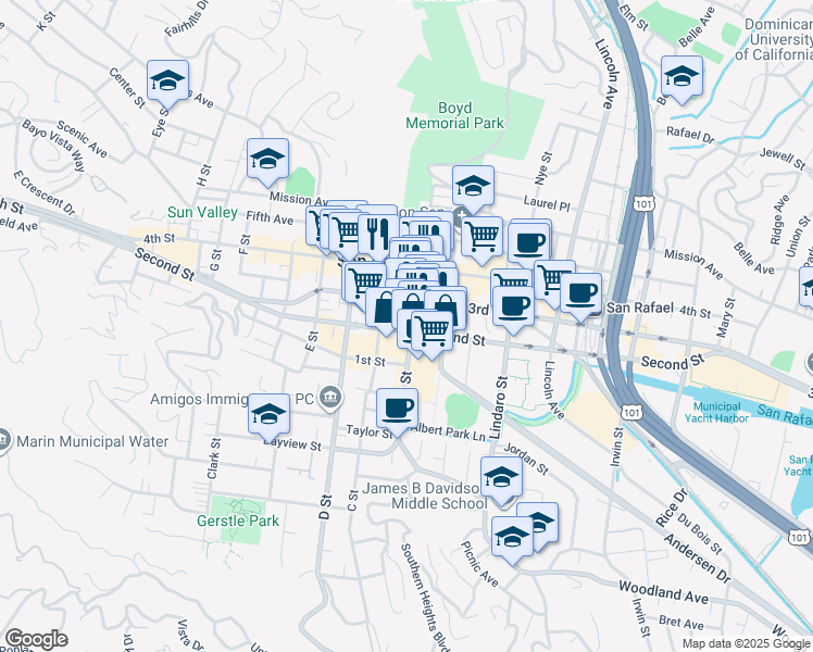 map of restaurants, bars, coffee shops, grocery stores, and more near 714 B Street in San Rafael