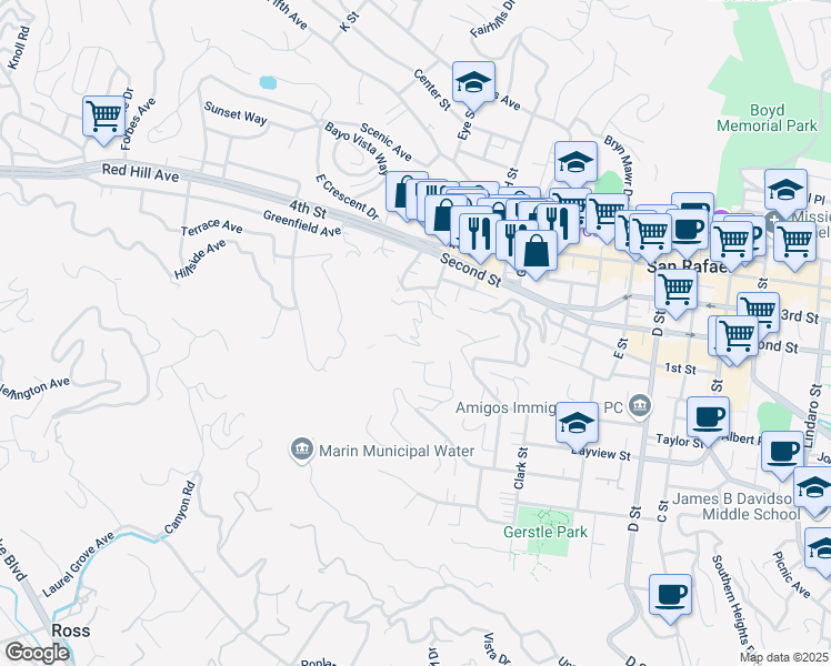 map of restaurants, bars, coffee shops, grocery stores, and more near 8 Espalda Court in San Rafael
