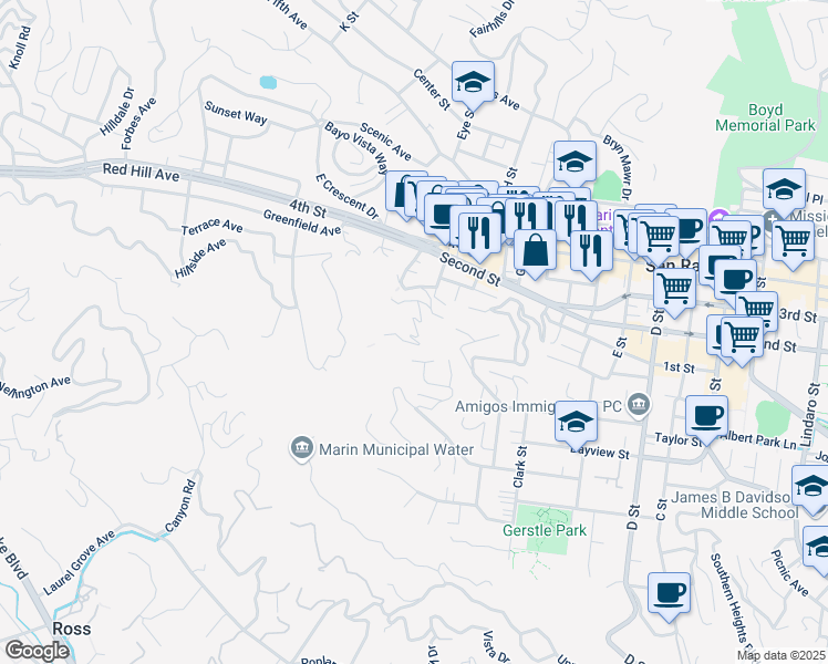 map of restaurants, bars, coffee shops, grocery stores, and more near 8 Espalda Court in San Rafael