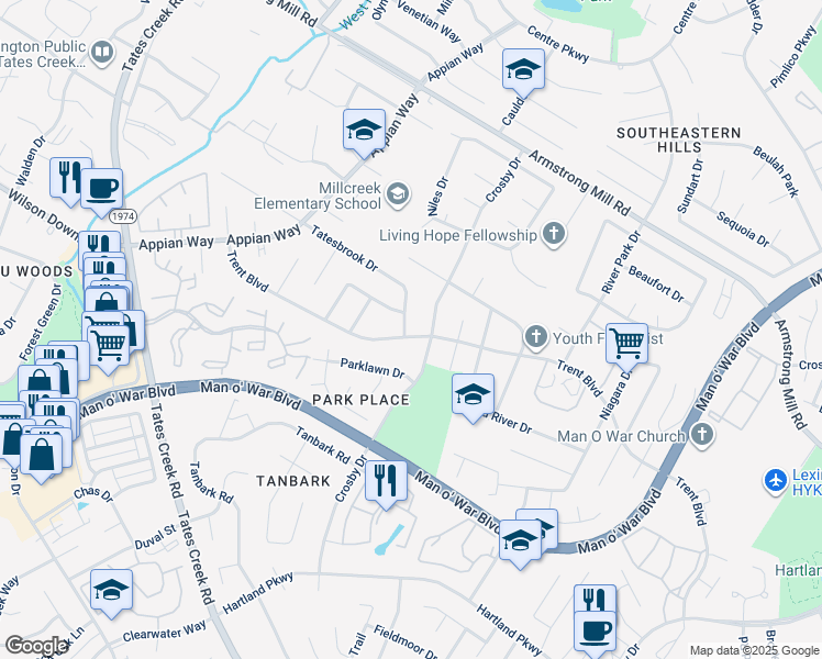 map of restaurants, bars, coffee shops, grocery stores, and more near 1190 Trent Boulevard in Lexington
